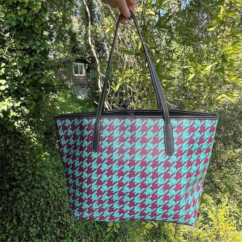 COACH City Tote Teal/Burgundy Houndstooth w Silver Hardware Shoulder Bag - Picture 2 of 8